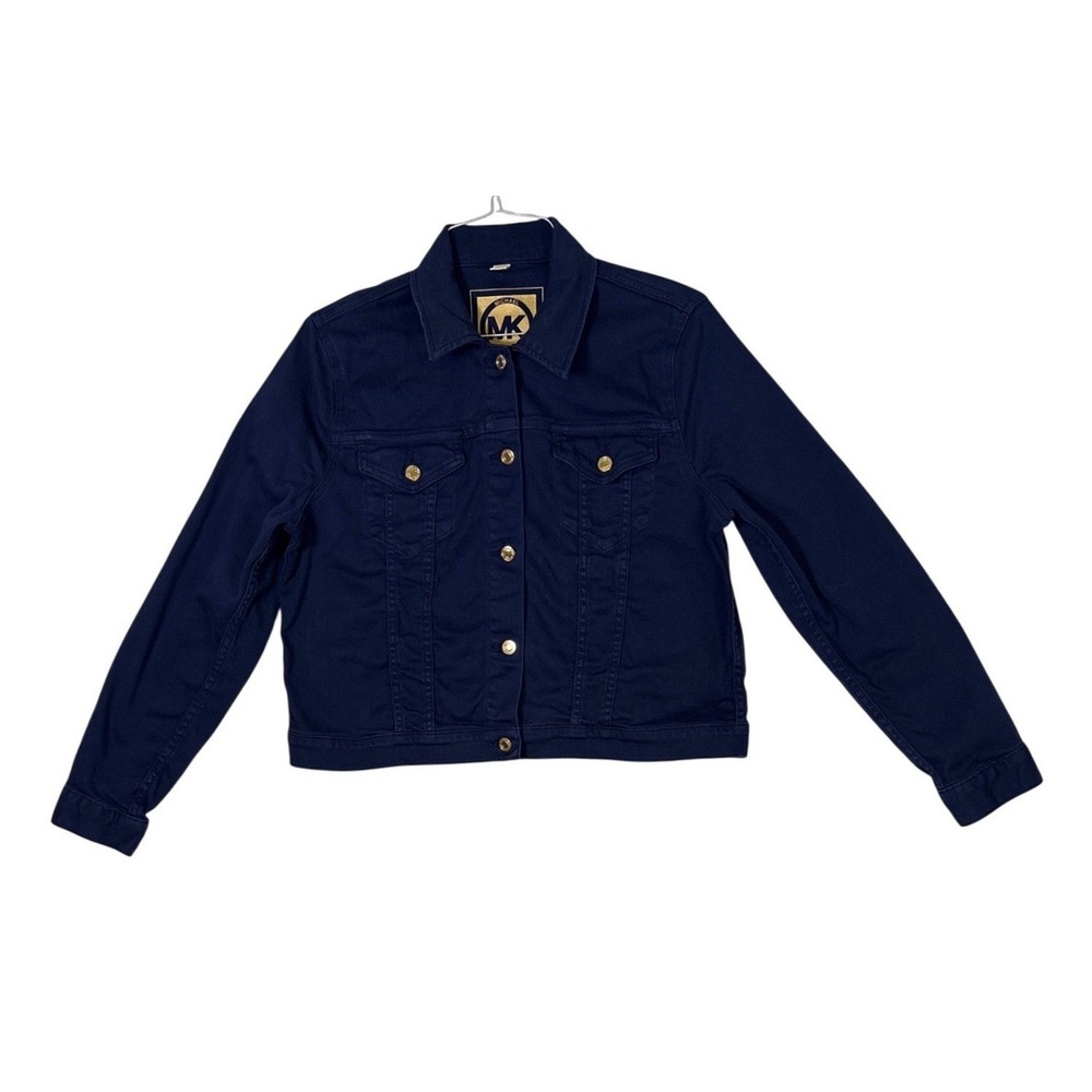 Michael Kors Navy Blue Denim Trucker Jacket Gold Logo Buttons XL QS01B3D94L